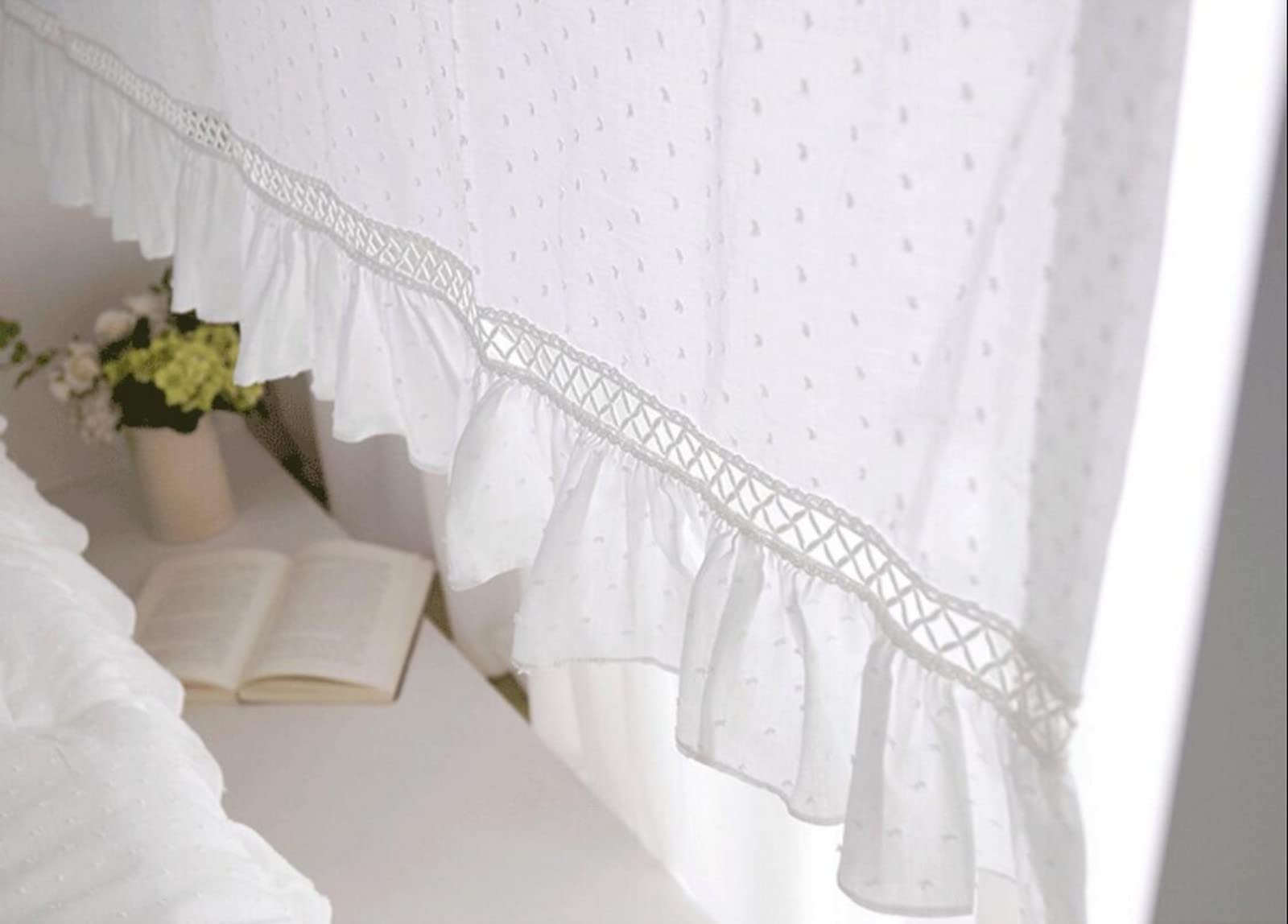 Rideau de fenêtre en coton semi-transparent style campagnard pour petites fenêtres - Cantonnière brodée à pompons blancs - Parfait pour la cuisine, le bistrot, le café et les portes.