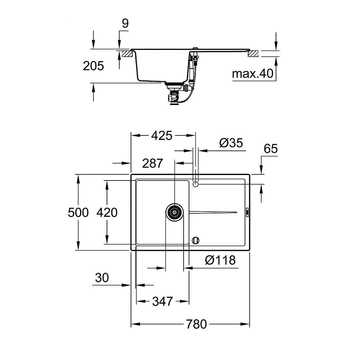 Grohe K400 Kompositspüle mit Abtropffläche granit schwarz 31639AP0 78 x 50 cm