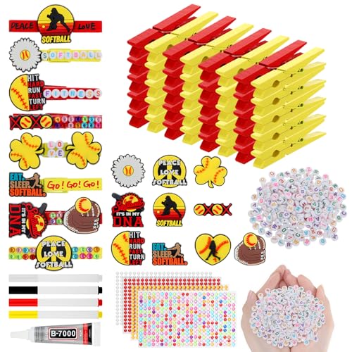 Amyhill 60 Sets Softball Cheer Pins Wooden DIY Spirit Clips Clothes Pins with 260 Alphabet Beads 4 Rhinestone Stickers 4 Markers 9 ml Glue 60 Softball Stickers for Cheerleaders Gifts Backpacks Decor