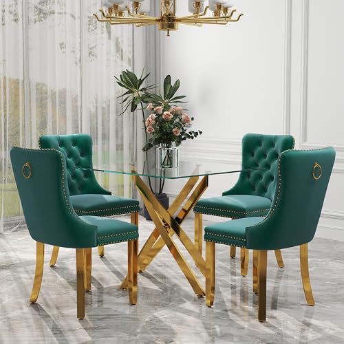 HAIZAO 5 Pieces Gold Glass Dining Table Set, Modern Luxury Square Kitchen Set for 4, 36'' Clear Minimalist Glass Top Dinner Room Set, Green High-end Tufted Chairs, for Small Place Apartment