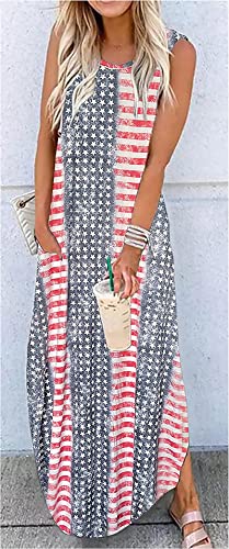 Image of LLHXRUI American Flag Maxi Dress for Women 4th of July Patriotic Long Tank Dress Casual Loose Pocket Dresses