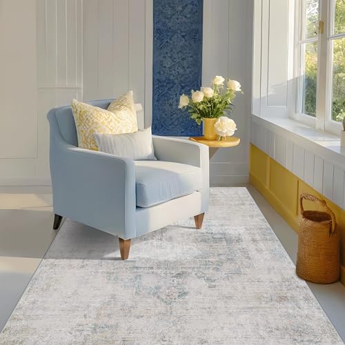 Image of Low Pile Office Rugs for Rolling Chairs - 5x7 Abstract Rugs for Living Room, Large Entryway, Cream Slate Blue Decor, Non Slip with Rubber Backed & Stain Resistant