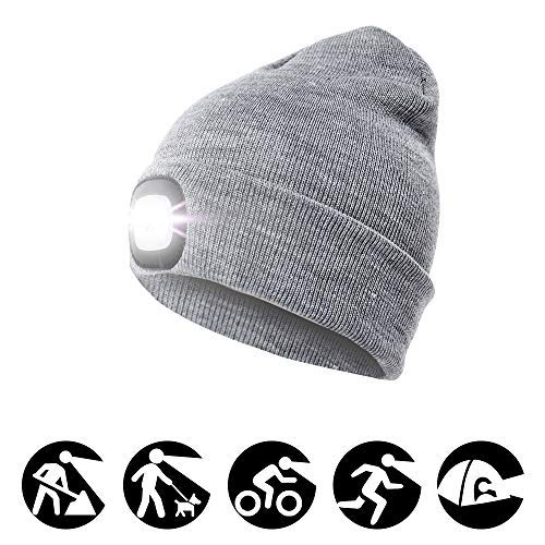 EBILUN Bonnet en tricot à LED unisexe Mode Hiver 4LED Bonnet tricoté rechargeable mains libres lampe de poche pour extérieur pêche, chasse, camping, barbecue, course à pied Gris clair