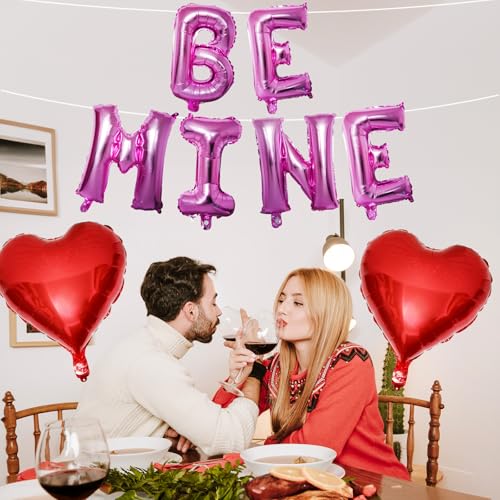 Image of Valentines Day Balloons Decoration, Be Mine and Red Heart Letter Balloons Banner Valentine Balloon Banners for Sweetest Valentine's Day Romantic Be Mine Party Decorations