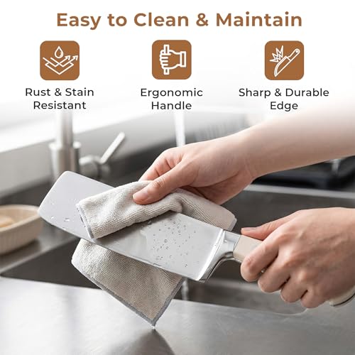 Image of HomeEssentials 4-Piece Knife Set: Ultra-Sharp High-Carbon Stainless Steel Chef, Nakiri & Paring Knives + Multi-Purpose Shears Ergonomic Cream Triple-Rivet Handles for Precise Slicing & Dicing