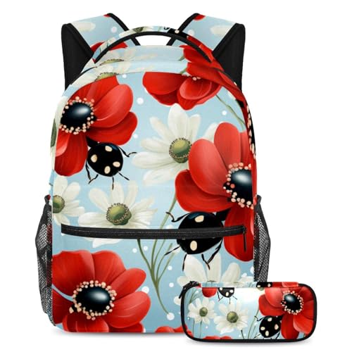 Sac à dos insecte floral rouge Art 47 avec trousse d'école grand format pour élève