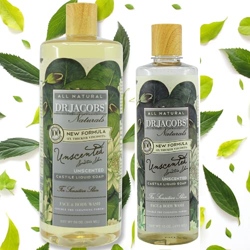 Dr Jacobs Naturals 32 & 16 Oz. Pure Castile Liquid Soap - No Palm Oil, GMO Free - Multi-Purpose for Face, Hair, Laundry and Dishes - Hypoallergenic and Dermatologist Approved (Unscented Castile Soap Liquid)