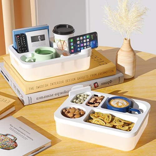 2025 New Couch Cup Holder Tray 2PK, 5 in 1 Couch Caddy with Rotatable Phone Holder, Sofa Organizer Caddy for Sofa Bed Car Bathroom, Off-white