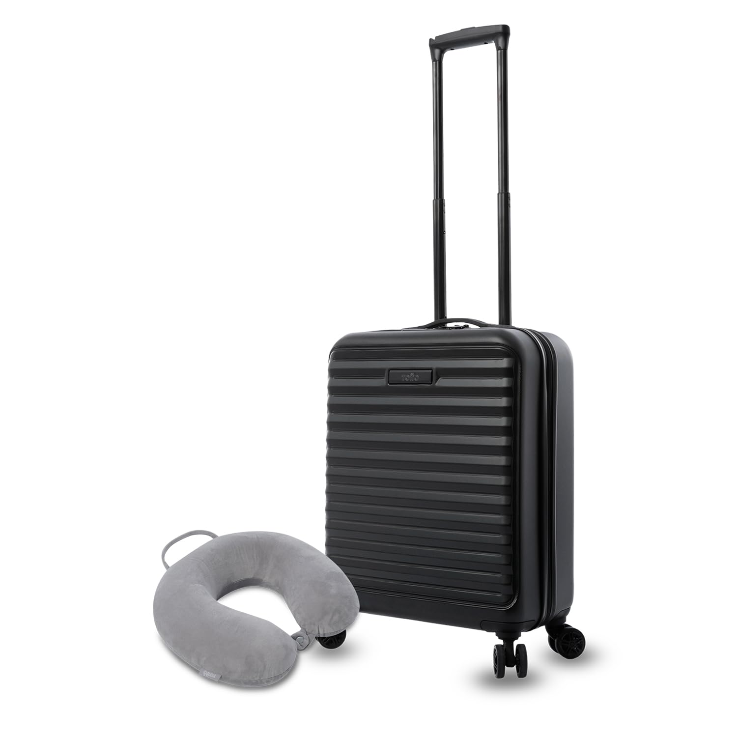 TOTTO - Kit Viaje con Maleta Cabina Color Negro + Almohada de Viaje Color Moonstone Grey, Maleta con Alta Resistencia a Impactos, Ruedas 360º, Almohada Memory Foam, Ideal para Viajes y Escapadas
