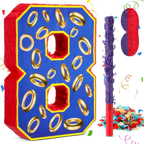 Number 8 Blue and Golden Rings Pinata for Birthday Party Decorations, Blue Golden 8th Birthday Party Favor Supplies, Fiesta, Anniversary Celebration Birthday Pinata with Stick Blindfold Confetti Large