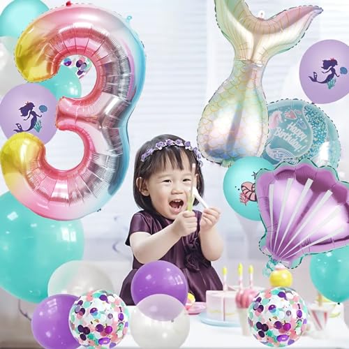 Image of Mermaid Birthday Decorations Mermaid Balloons - Number 3 Balloons for Girls Under The Sea Mermaid Theme Baby Shower Birthday Favors