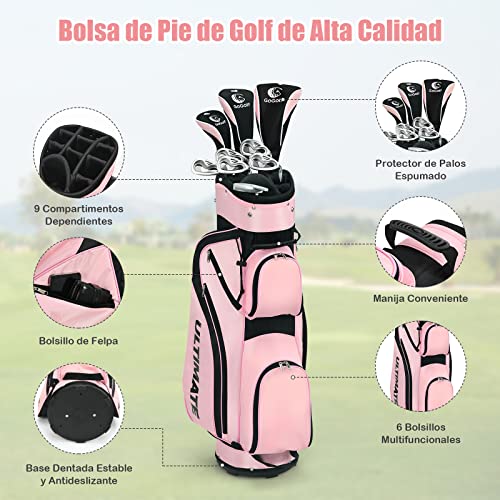COSTWAY-Set-de-Palos-de-Golf-para-Mujeres-Incluye-Driver-en-Aleacion-de-Aluminio-460-CC-Madera-Fairway-3-Hibrido-4-Hierros-6-7-8-y-9-Putter-Bolsa-de-Golf-con-Tiras-Palos-de-Golf