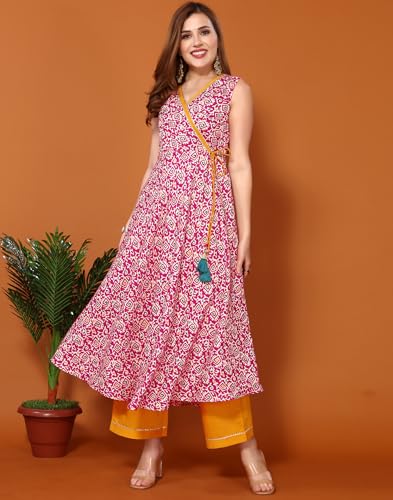 Image of SKYLEE Women's Printed & Gota Lace Cotton Silk Anarkali Kurta Set with Dupatta