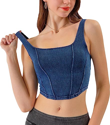 Yvipette Women’s Slim Cropped Denim Vest Stretchy Scoop Neck Pullover Jean Sports Bra Tank Top(0015-DarkBlue-XL)