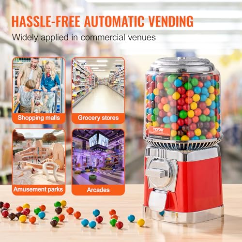 Image of VEVOR Gumball Machine, 16 inchH Home Candy Vending Machine, PC Round Gumball Dispenser, Bubble Gum Machine for Game Stores, Coin Operated Gumball Bank for Toy Capsules Bouncy Balls Candy, Red