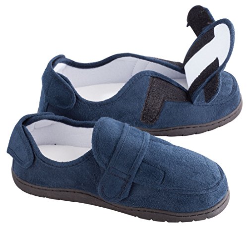 Miles Kimball Plush Memory Foam Slippers, Adjustable for Custom Fit, 100% Polyester, Sturdy Rubber Soles, Unisex - Navy Blue, Medium