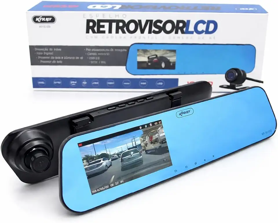 Retrovisor LCD 1080P com Câmera Frontal e Ré – Dash Cam Veicular com Tela 4.3” – Gravação HD, Visão Noturna, Sensor de Movimento, Assistente de Estacionamento