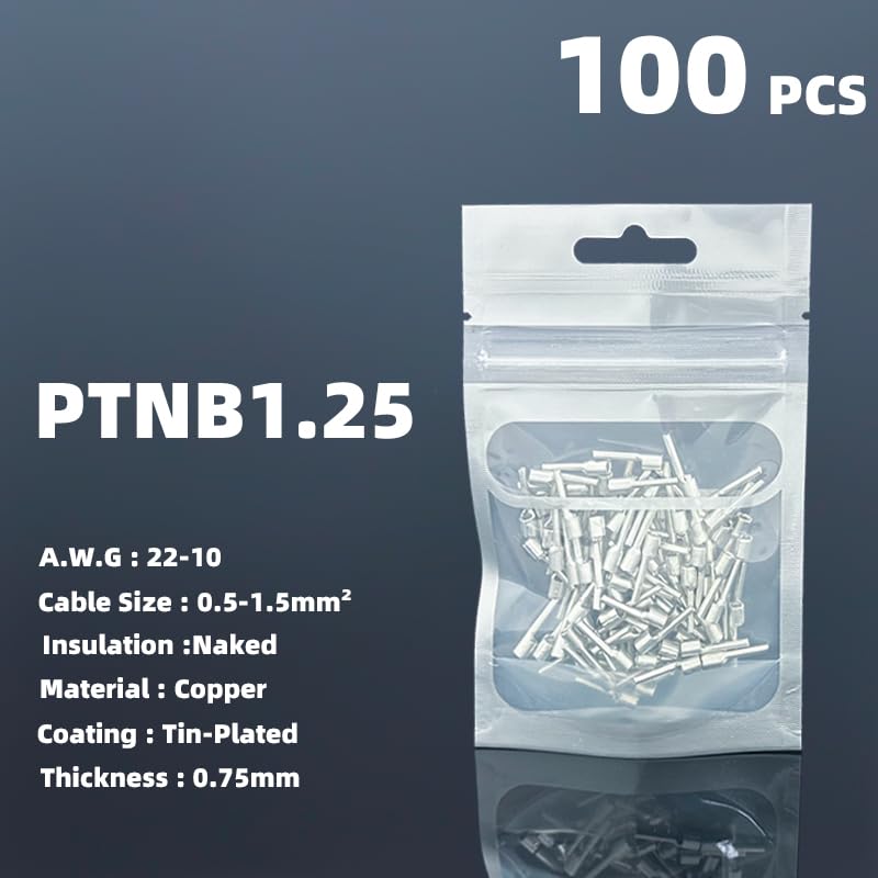 POWTAXBJGD Non Insulated Pin Terminal Electrical Wire End Naked Needle Crimp Connector Pure Copper Cold Press Terminal Use for AWG22-10(100Pcs PTNB1.25-,10mm Length)