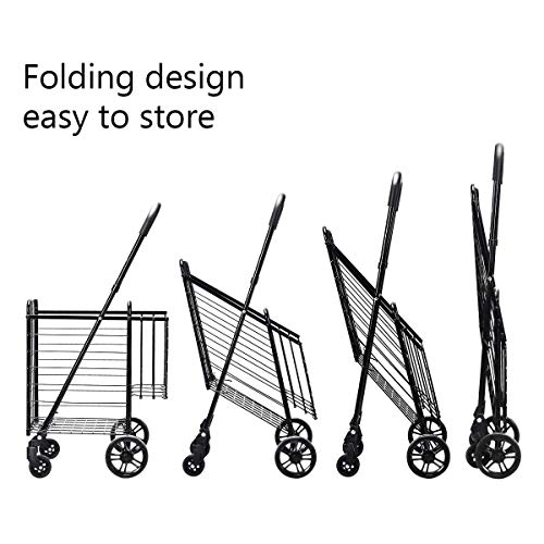 Goplus Folding Shopping Utility Cart, Double Basket And 360° Swivel Wheels, Adjustable Handle, Small Cart Perfect For Grocery Laundry Book Luggage Travel #TOP2