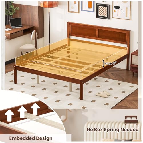 Image of GIANTEX Queen Wood Platform Bed Frame with Headboard, Mid Century Queen Bed Frame with Wood Slat Support, Solid Wood Foundation with 16 inch Under Bed Storage, No Box Spring Needed, Easy Assembly
