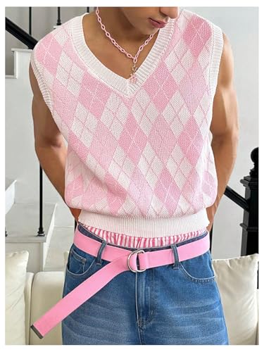 Men's Plaid Geometric Sleeveless Knitted Sweater V Neck Crochet Pullover Sweater Vest3