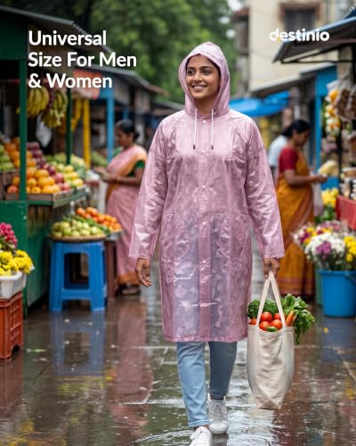 Image of Destinio Poncho for Men, Poncho for Women-Thick Waterproof PVC, Rain Coat, Reusable - Transparent Pocket Raincoat with Hood, Full Cover for Bag in Travel, Trekking, Bike Riders
