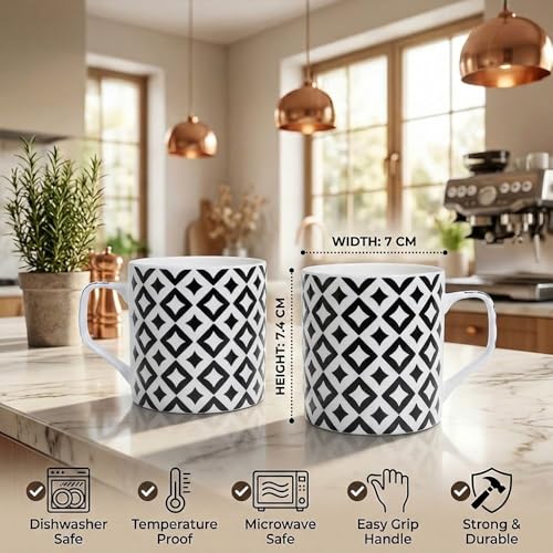 Image of U.P.C. Minimal Black White Diamond Bone China Mug Set of 6, Modern Tea Coffee Cups for Home, Cafe & Office