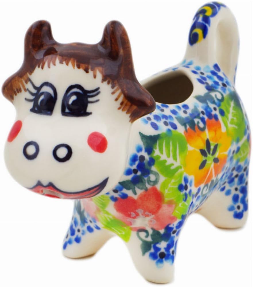 Polmedia Polish Pottery Cow Shaped Creamer UNIKAT - Spring Is Coming Pattern Handmade in Boleslawiec Poland by Ceramika Dalia + Certificate of Authenticity