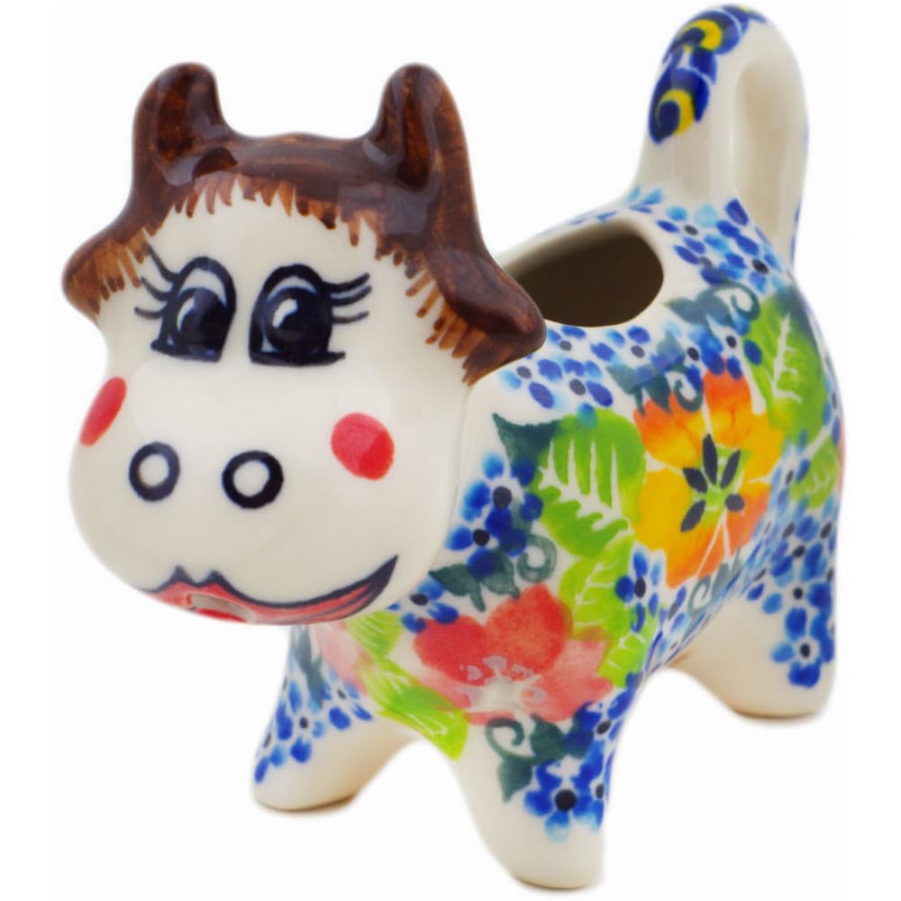 Authentic Polish Pottery Cow Shaped Creamer Signature UNIKAT in Spring Is Coming Design Handmade in Boles?awiec Poland by Ceramika Dalia + Certificate of Authenticity