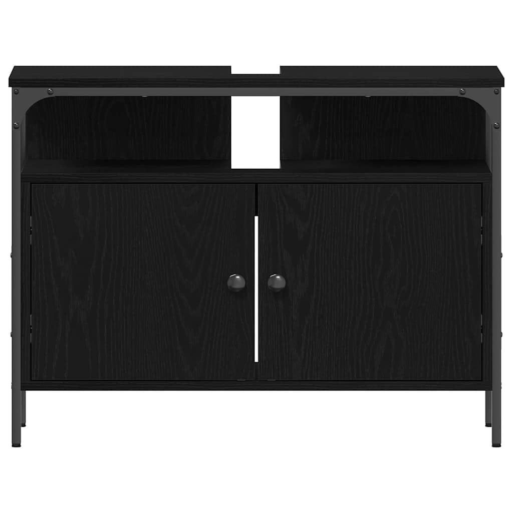 Armario de lavabo con puerta de aspecto de roble negro, 80 x 30 x 60 cm, material de madera y marco de acero, espacio de almacenamiento para baño, invitados, inodoro con estante y organizador