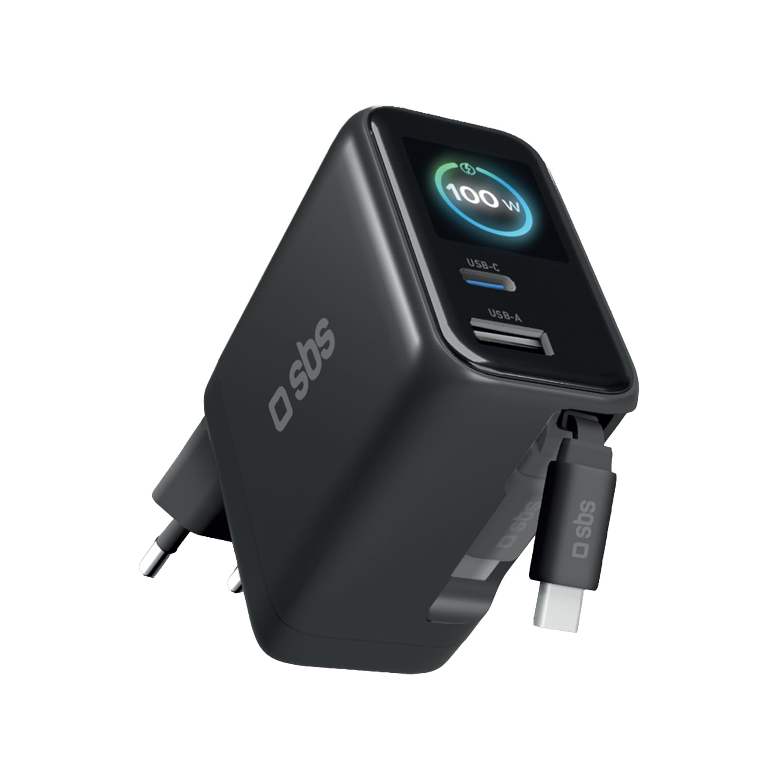 SBS Pulse Power 100W USB-C, Tecnologia GaN, Power Delivery (PD 3.0 PPS) | Smart Display AI, Cavo USB-C Retrattie, Alimentatore con Ricarica Rapida, Caricatore per Notebook, Tablet, iPhone, Android