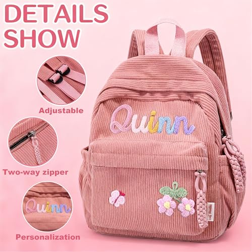 Personalized Corduroy Kids Backpack, Custom Name School Bag with Decorative Stitching, Toddler BackPack, Back to School Gift (Pink)2