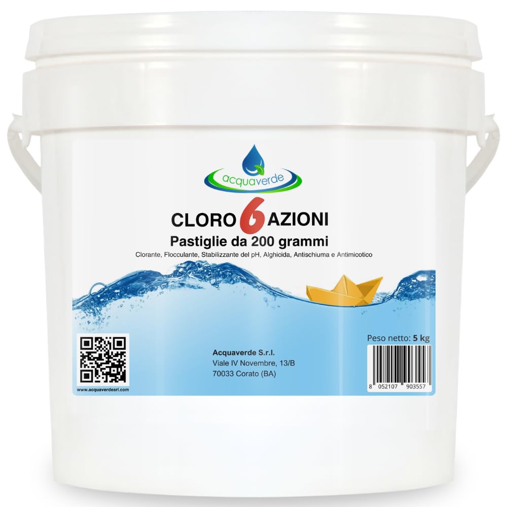 acquaverde | Cloro 6 AZIONI in Pastiglie da 200 grammi, 5 kg di NUOVO Multiazione per Piscina, Trattamento acqua: Clorazione, Alghicida, Flocculante, Stabilizzante del Ph, Antischiuma, Antimicotico