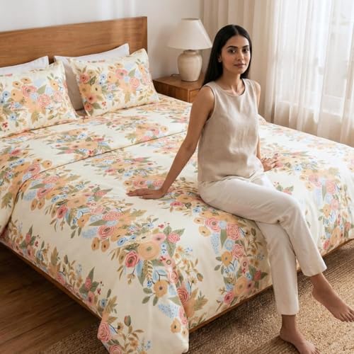 Image of Haus & kinder Double Bedsheet for Queen Size Bed | 90 x 100 Inches 144 TC Cotton Bedsheet for Double Bed with 2 Pillow Covers - Vintage Peony