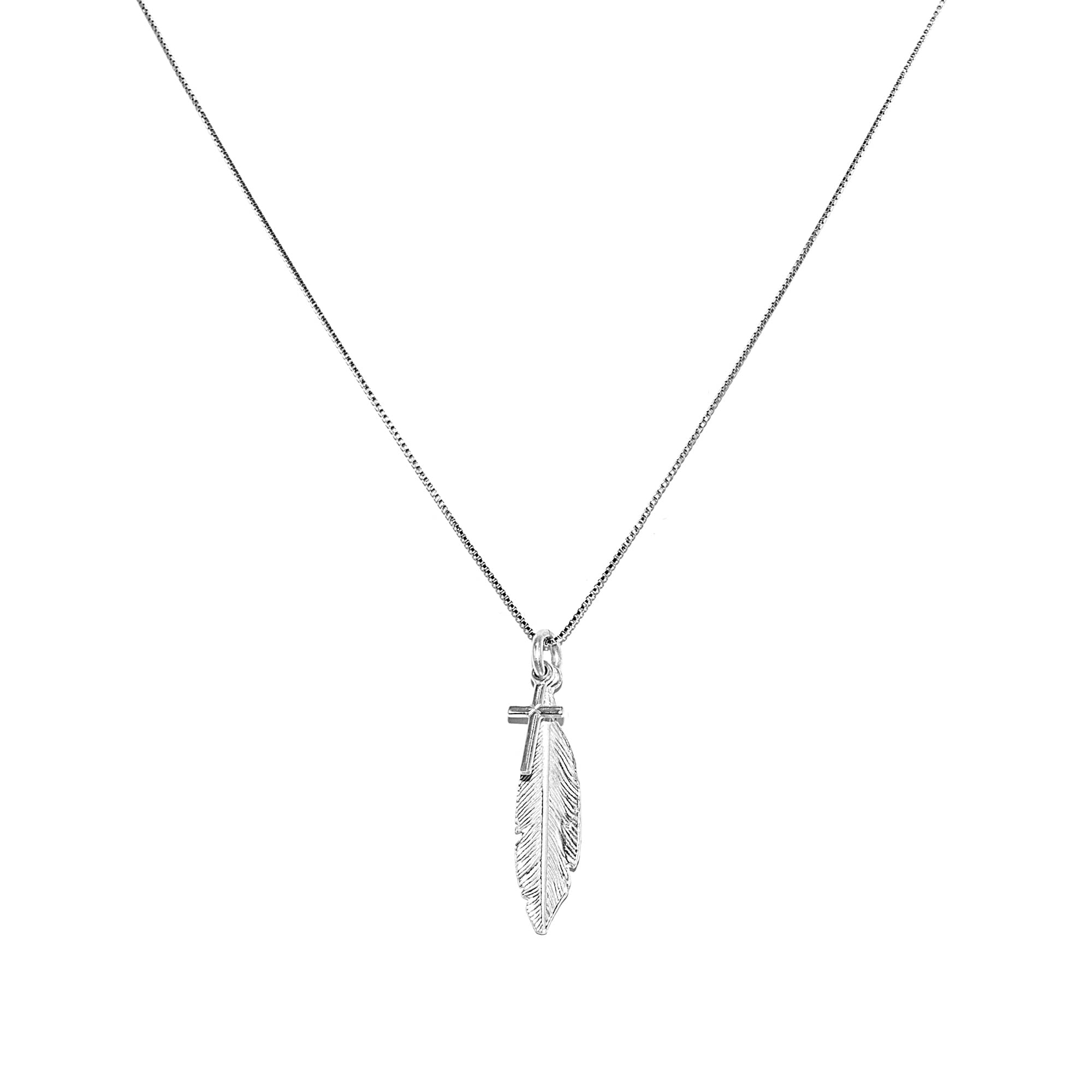 Venezianer Kette Halskette 0,6 mm dünn mit Kreuzanhänger und Feder 925 Sterling Silber Damen Halskette