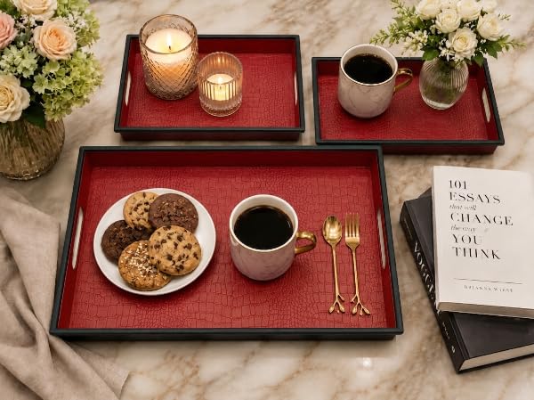 Image of KITCHIVO 3 Pcs Plastic Serving Tray Set with Handle | Multipurpose Tea Snacks Breakfast Tray | Floral Printed Rectangular Serving Trays for Kitchen & Home (Wine Red)