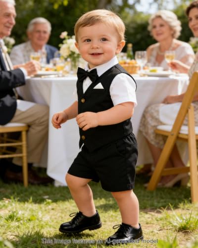 Image of SANGTREE Baby Boy Suit Wedding Ring Bearer Outfits Vest Short Sleeve Bowtie Shirt Suspender Summer Gentleman Shorts Sets