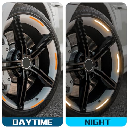 Image of 20PCS Reflective Car Wheel Decorative Stripe Stickers, Reflective Car Decal, Anti-Scratch Reflective Rim Stickers, Night Safety Warning Car Stickers Universal for Vehicles Motorcycles (Orange)