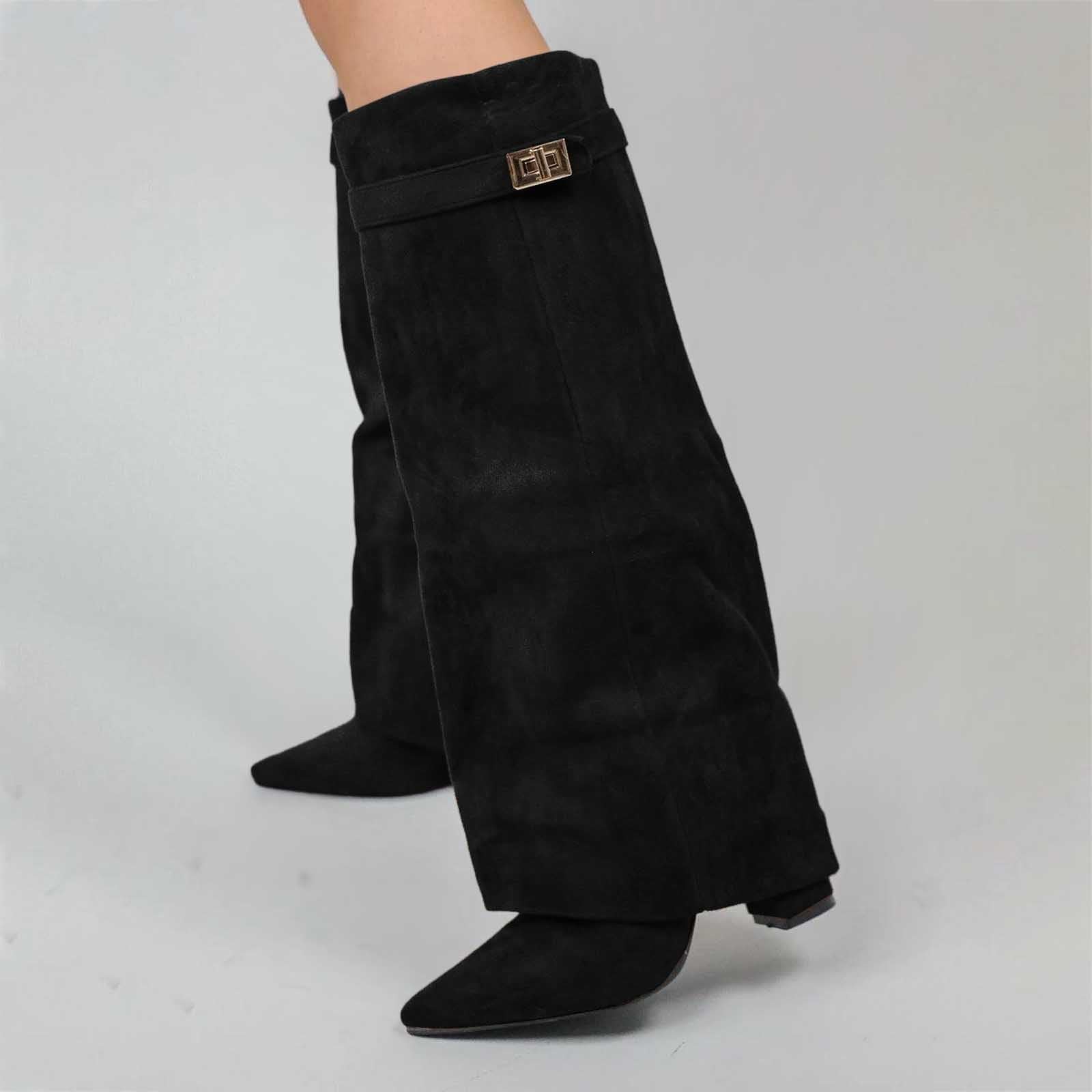 Generisch Stiefeletten Damen Fold Over Boots Weitschaftstiefel mit Absatz Winter Langschaft Stiefel