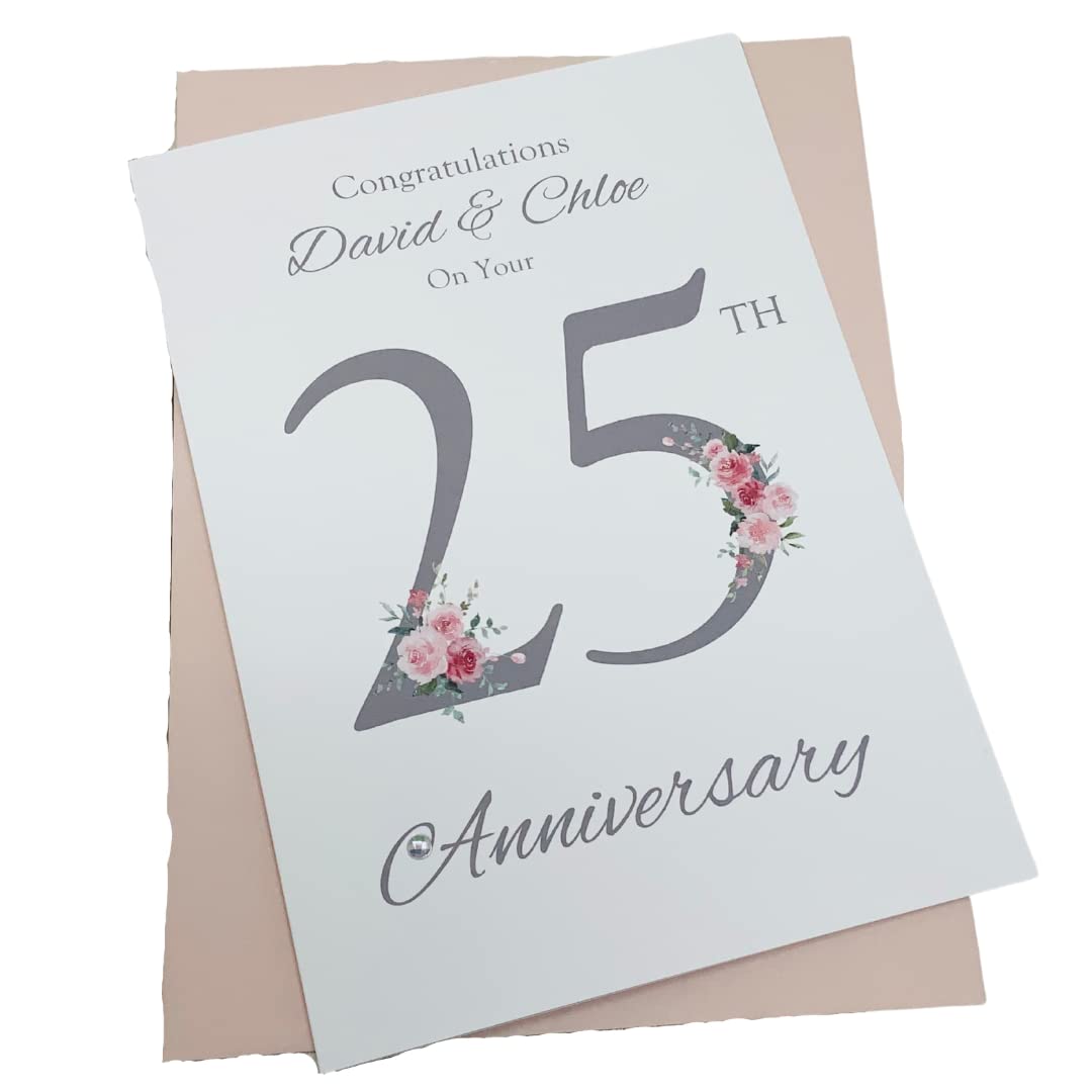 25th Wedding Anniversary Card - Silver 25 Year Twenty Fifth Anniversary Greeting Card, Personalised Gift for Wife, Husband, Parents, Couple Friends - Various Designs (Floral Number) โ image 1