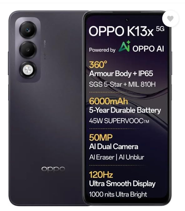 OPPO K13x 5G 6000mAh and 45W SUPERVOOC Charger & AI (Midnight Violet, 128 GB) (6 GB RAM) OPPO K13x 5G 6000mAh and 45W SUPERVOOC Charger & AI (Midnight Violet, 128 GB) (6 GB RAM)