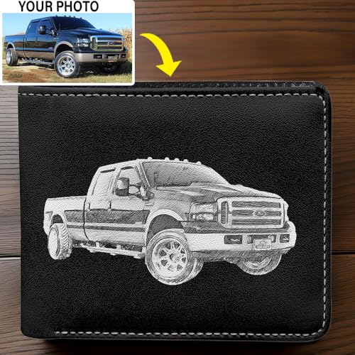 Pickup Truck Personalized Photo Printed Leather Bifold Wallet, Unique Gift For Truck Guys, Classic Vintage Old Pickup Truck, Heavy Duty Truck, Square Body Lovers (Sketc)3
