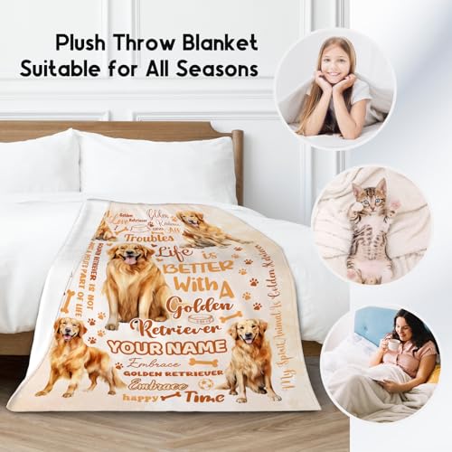 Custom Golden Retriever Blanket, Golden Retriever Lovers Gift, Cute Soft Throw Gifts for Girls Boys Women, Cozy Flannel Throw Blankets for Bed Travel, 50"x60"