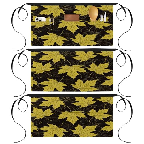 Demi-tablier court de chef à 3 poches motif feuille d'érable jaune