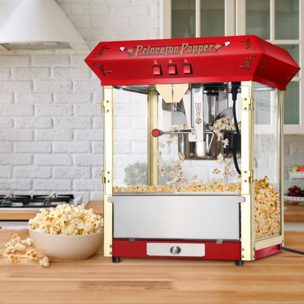Princeton - Máquina de palomitas de maíz de 8 onzas con hervidor de acero inoxidable, bandeja de rechazo de granos, luz cálida y accesorios de Great Northern Popcorn (rojo)