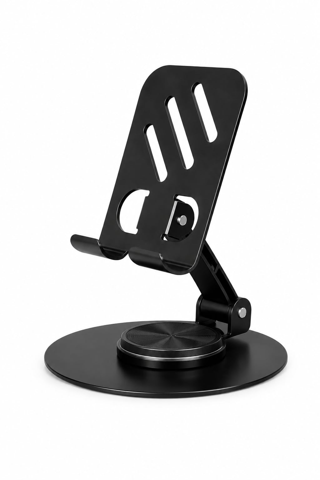 Aluminium Alloy 360° Rotating Mobile Phone Stand for Desk | Foldable & Height Adjustable | Anti-Skid Round Metal Base | Tabletop Smartphone Holder for iPhone, Samsung, Redmi, OnePlus (Black)-image-16
