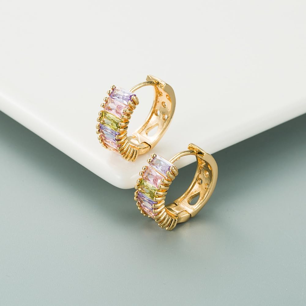 Women's 18k Gold-Plated Colored Zircon Hoop Earrings – Elegant Multi-Color Baguette Design - Image 7