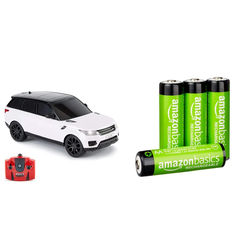 CMJ RC CarsTM Range Rover Sport Remote Control Car 1:24 scale with Working LED Lights, Radio Controlled Supercar & Amazon Basics AA Rechargeable Batteries, Pre-charged - Pack of 4