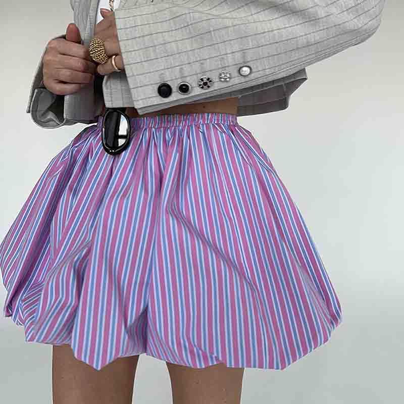 Women's French Balloon Skirt Striped Pleated Short Skirt Mini Fluffy high Waisted Skirt4