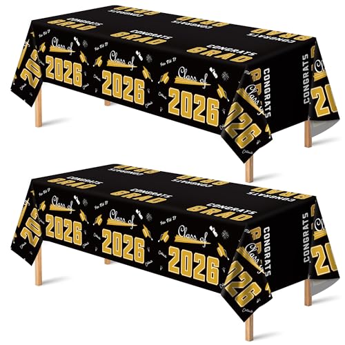 Image of OHOME Graduation Decorations 2026 2027- 𝐒𝐇𝐎𝐏 𝐀𝐋𝐋 𝐆𝐑𝐀𝐃 𝐃𝐄𝐂𝐎𝐑 →𝟕𝟎% 𝐎𝐅𝐅 Disposable Plastic Black and Gold Tablecloth for Class of 2026 Decorations Party Favors Banner,54 inch X 108 inch,2Pcs